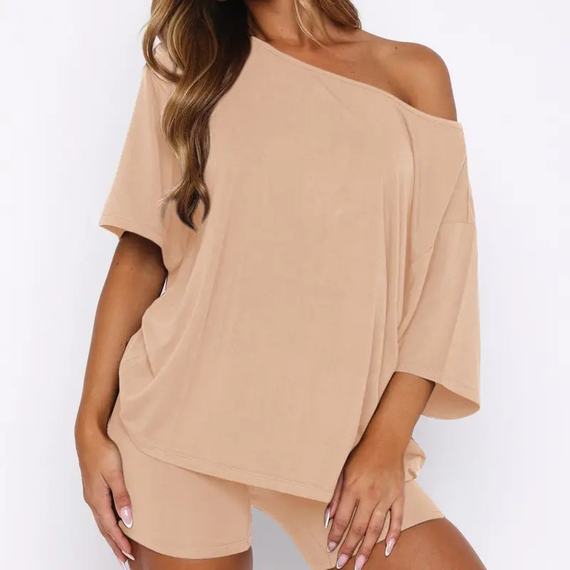 Women Off Shoulder 2-Piece Pajama Loungewear Set