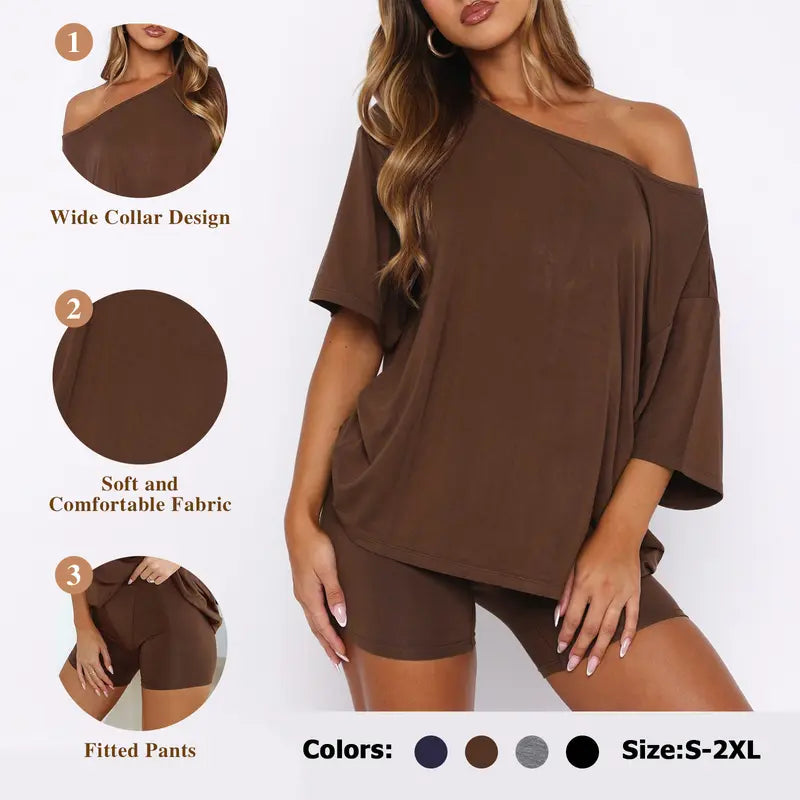 Women Off Shoulder 2-Piece Pajama Loungewear Set