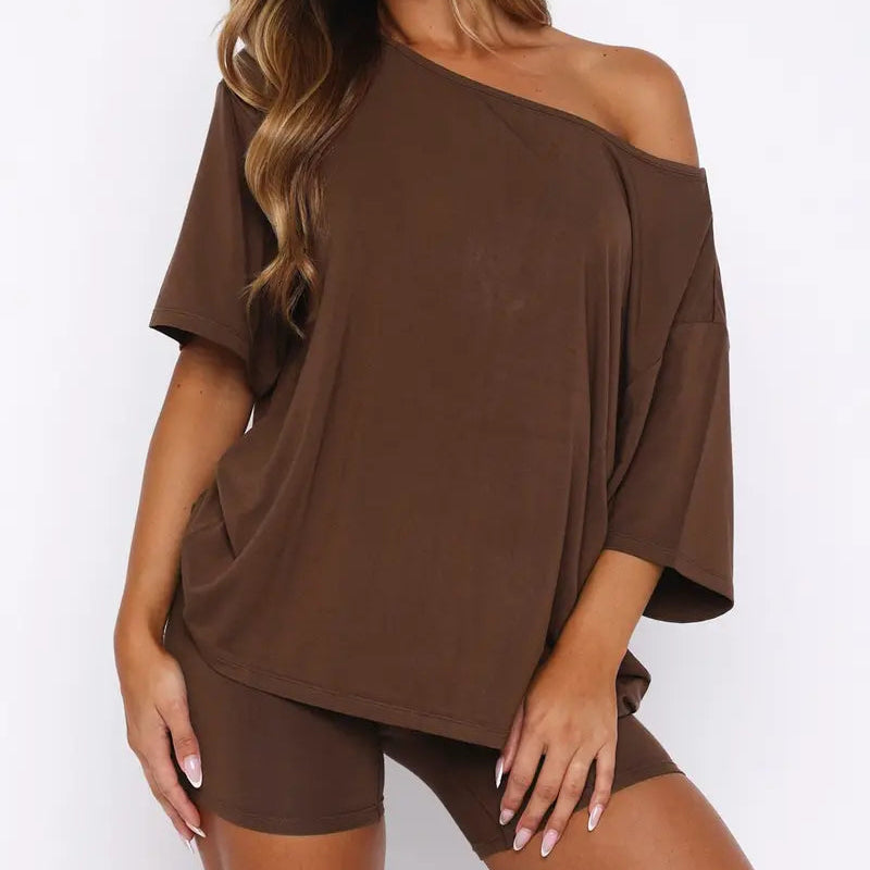 Women Off Shoulder 2-Piece Pajama Loungewear Set